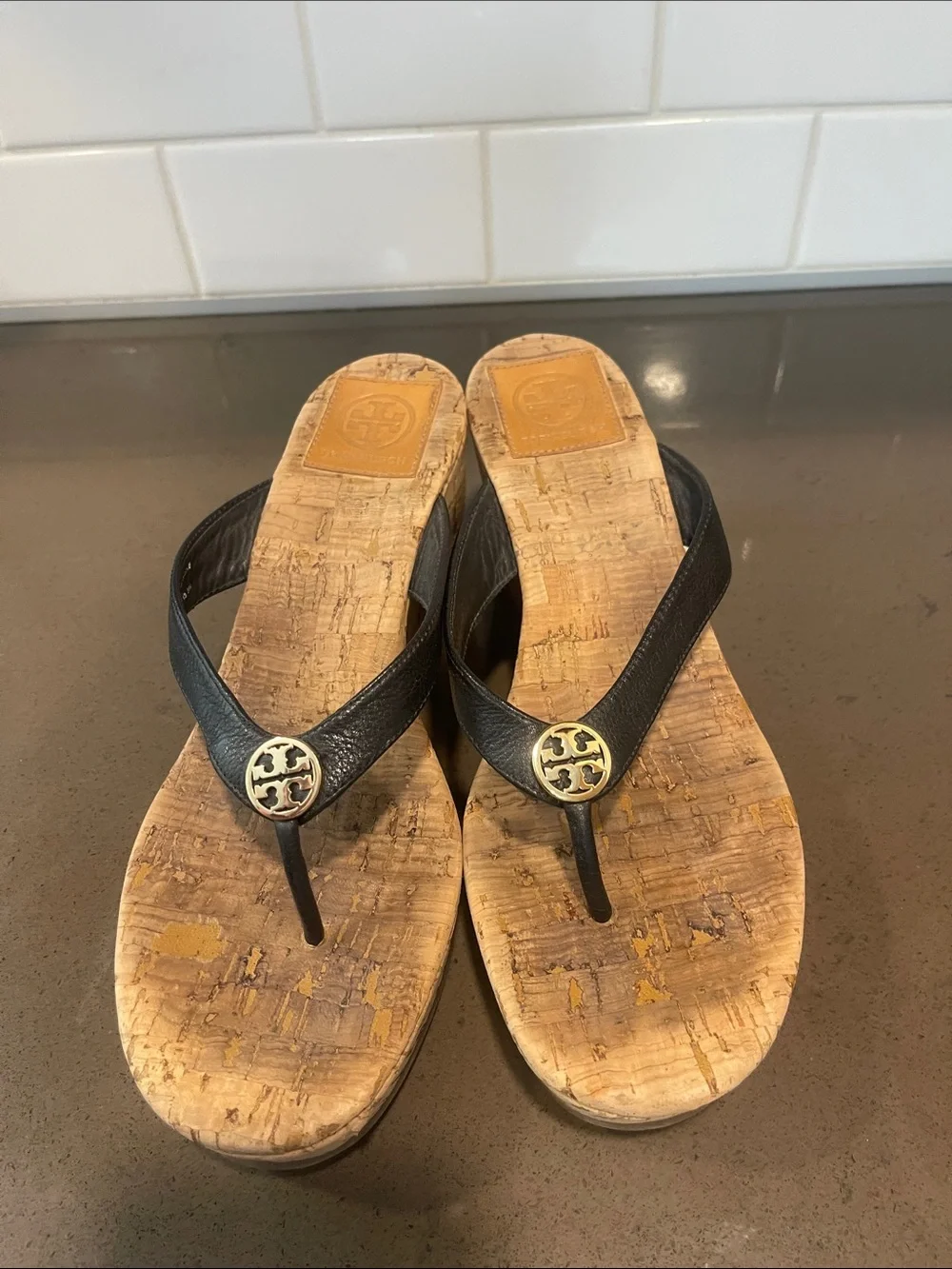 Tory Burch Black Leather Cork Wedge Thong Sandals with Gold Logo